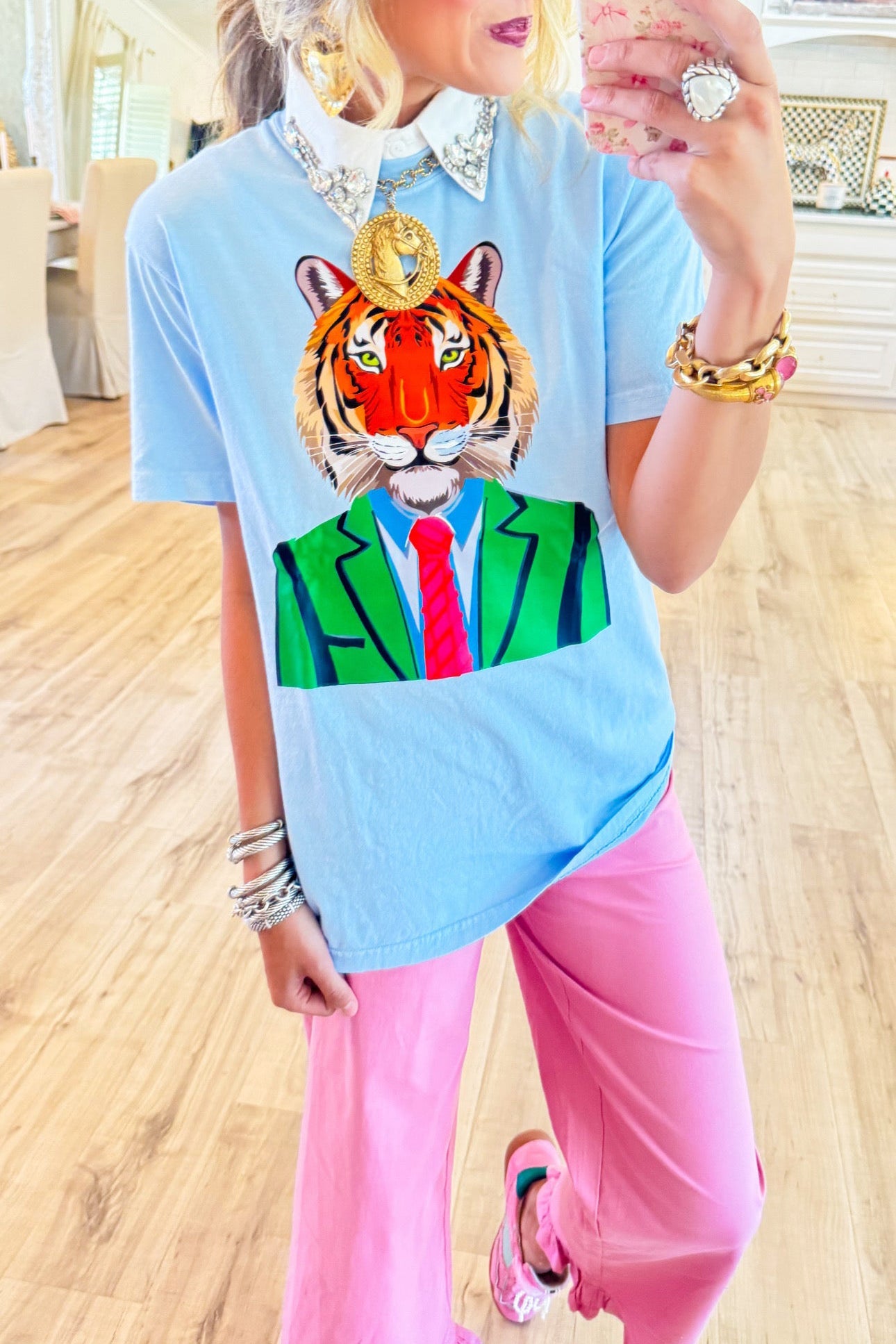 Casual Blue Easy Tiger Graphic Tee