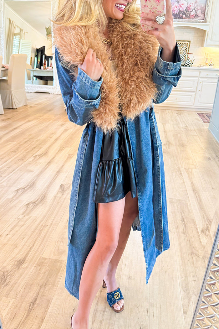 Artificial Fur Collar Long Denim Jacket
