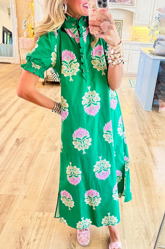 Floral Ruffle Stand Collar Dress