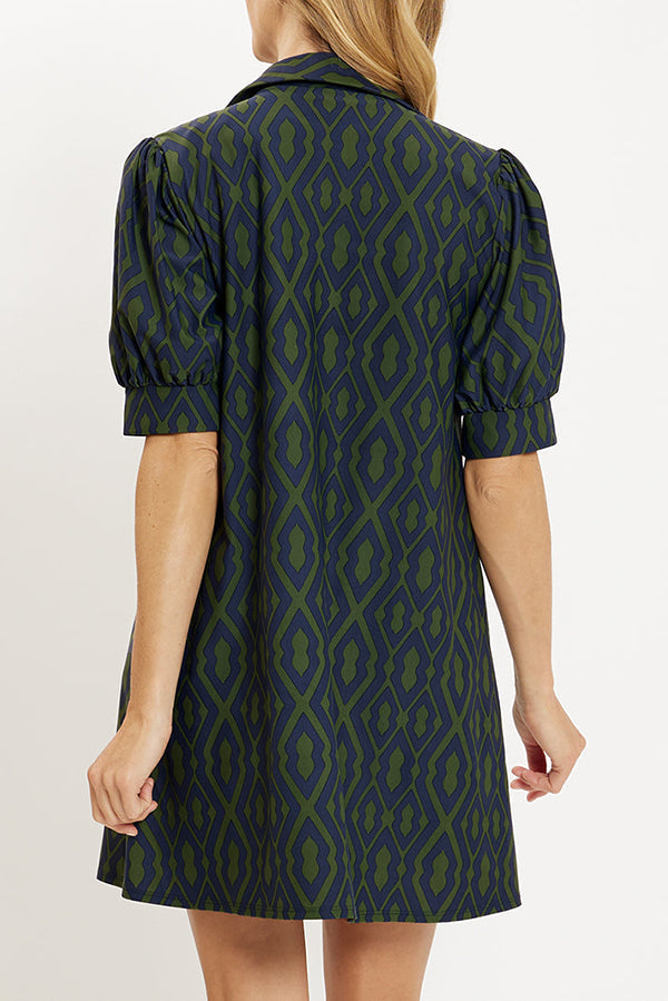 V-Neck Trellis Navy Pockets Dress