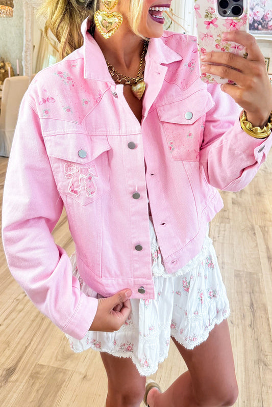 Pink Floral and Bow Patch Denim Jacket