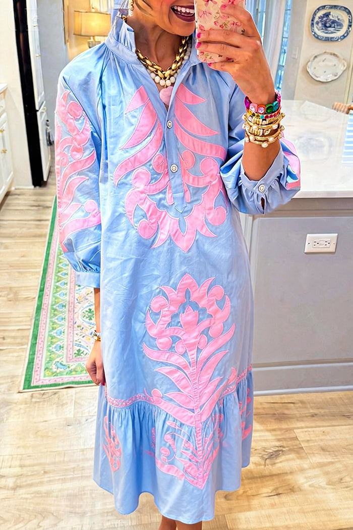 Embroidered Puff Sleeve Ruffle Hem Dress
