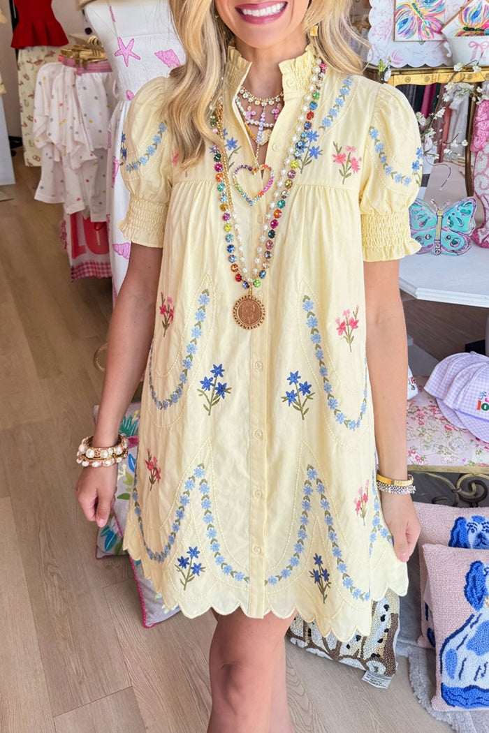 Ruffled Neck Puff Sleeve Floral Dress