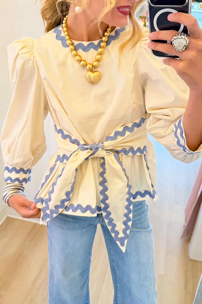 Ecru Blue Ric Rac Waist Tie Top