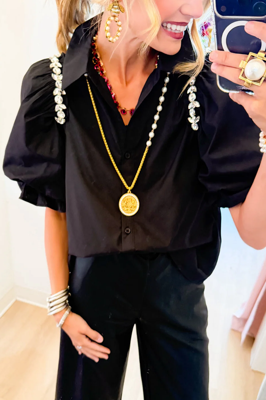 Black Rhinestone Puff Sleeve Top