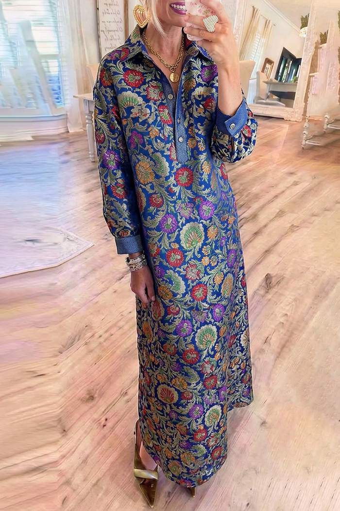 Vibrant Floral Jacquard Collar Half‑Button Pockets Maxi Dress