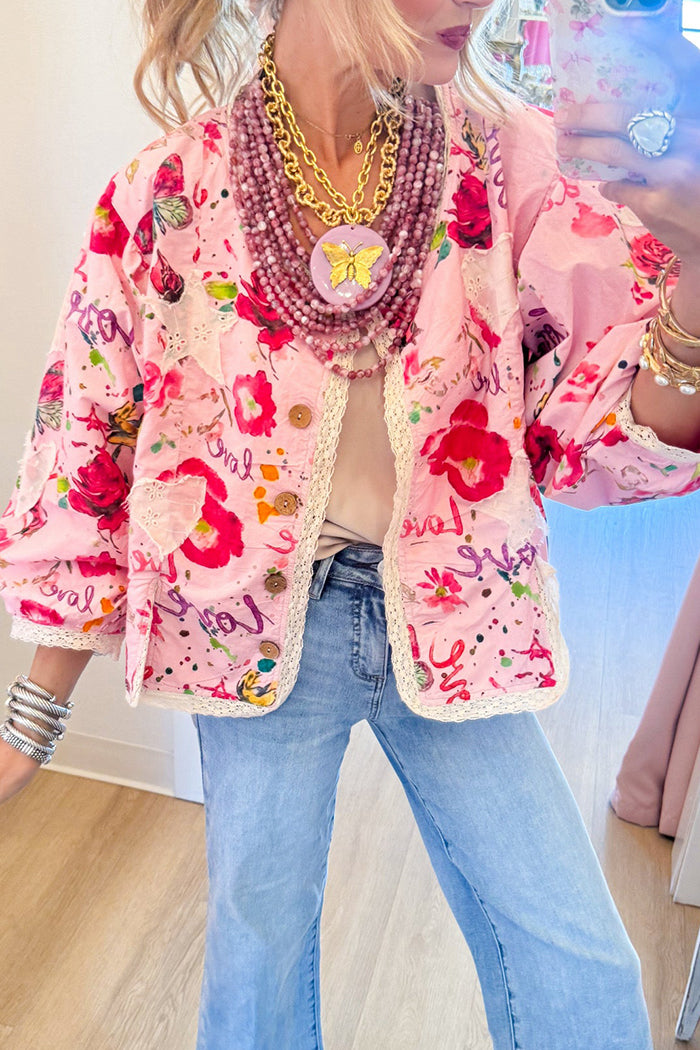 Pink Multi Floral Patchwork Lace Trim Top