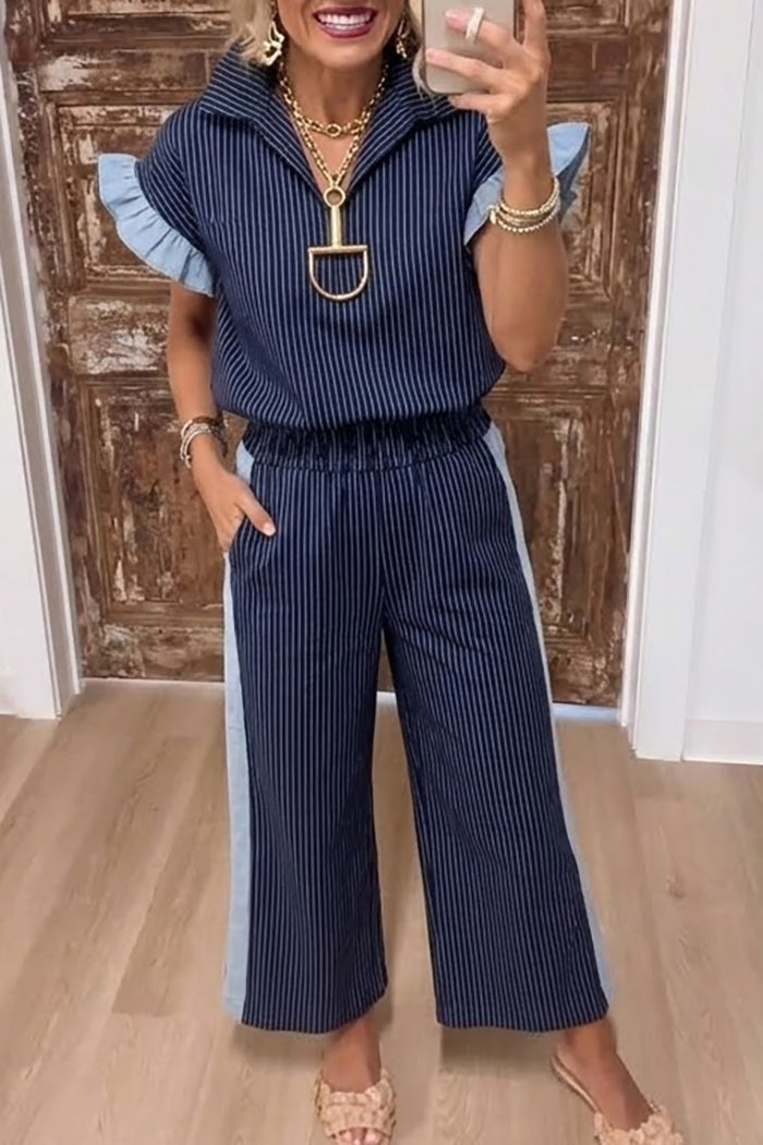 Vertical Stripe Ruffle Sleeve Top Wide Leg Pant Set