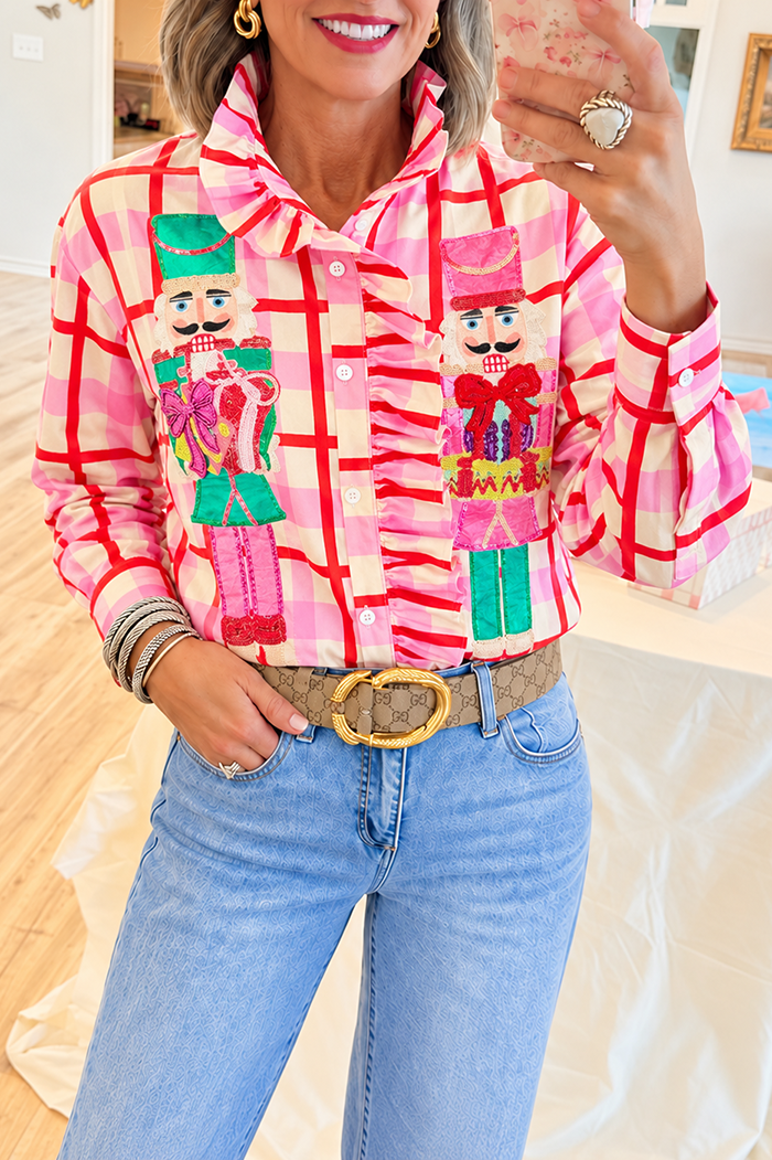 Casual Christmas Nutcracker Embroidered Shirt