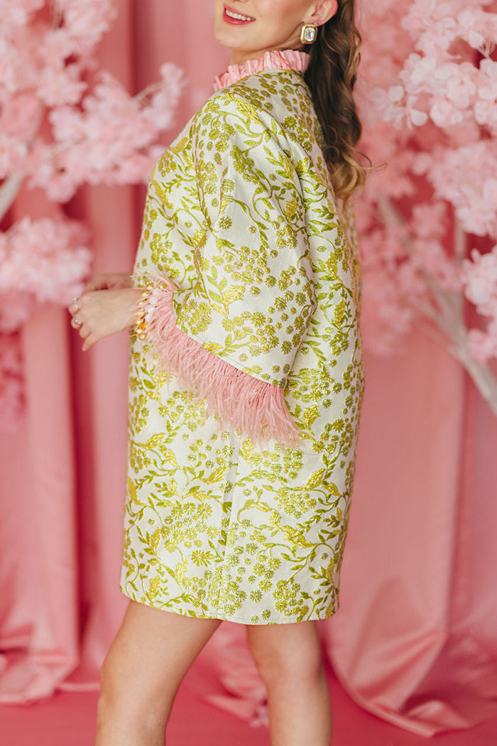 Feather-Trimmed Printed Dress