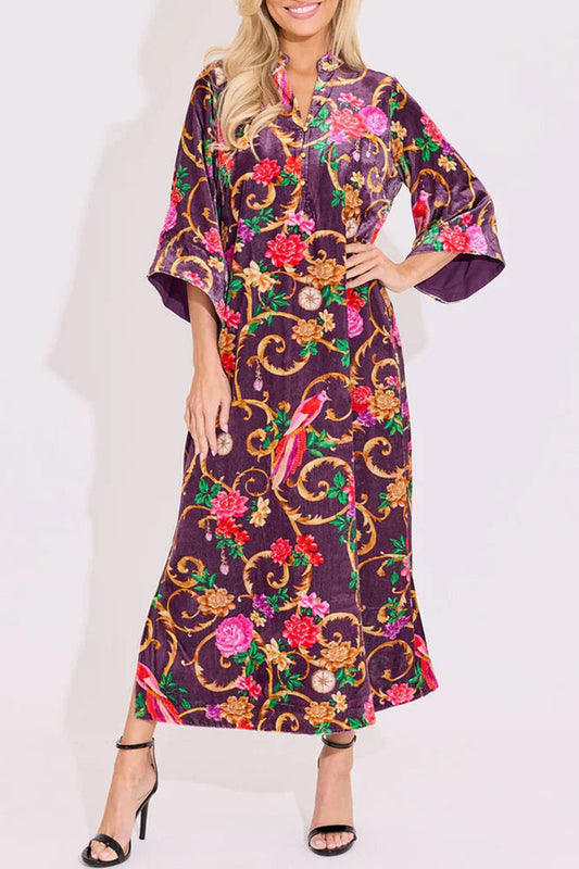 Velvet Floral V-Neck Maxi Dress