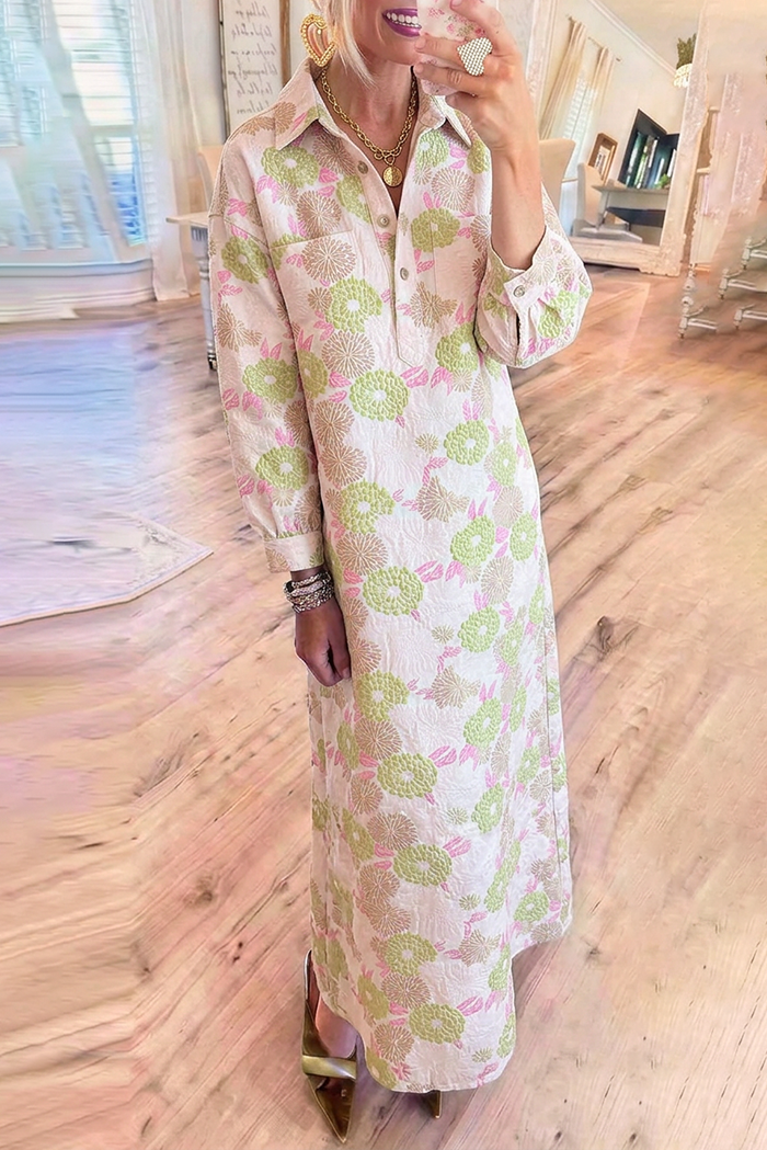 Pastel Floral Jacquard Shirt Collar Long Sleeve Pockets Maxi Dress