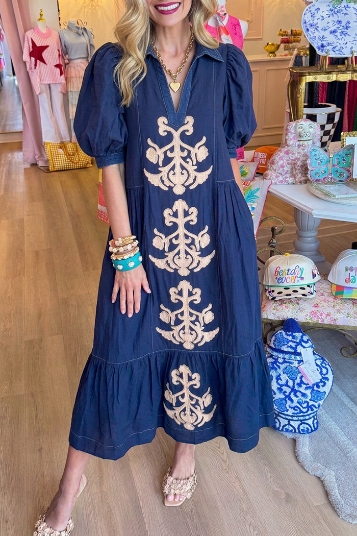 Ruffle Hem Denim Short Bubble Sleeve Maxi Dress