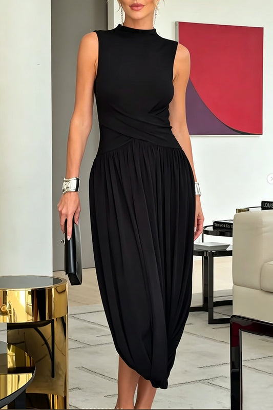 Sleeveless Mock Neck Slit Midi Dress