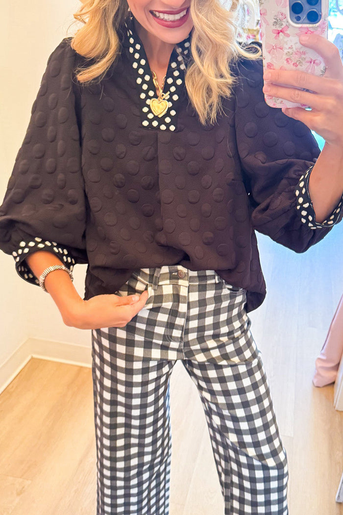 Black Jacquard Polka Dot Top