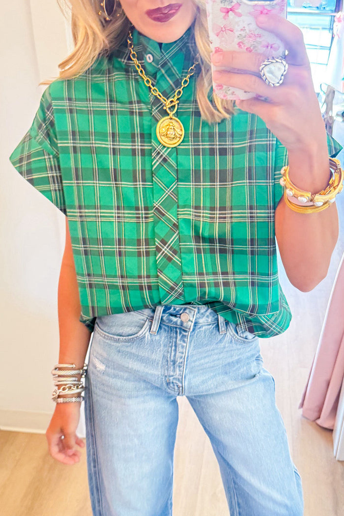 Green Plaid Cap Sleeve Top
