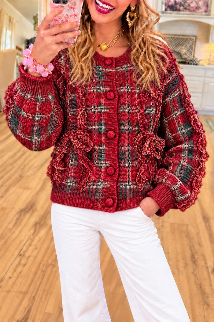 Christmas Plaid Lace Bow Knitted Cardigan