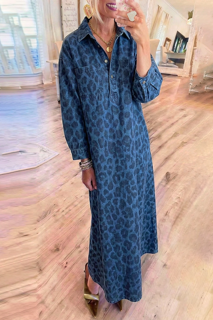 Blue Denim Leopard Pocket Maxi Dress
