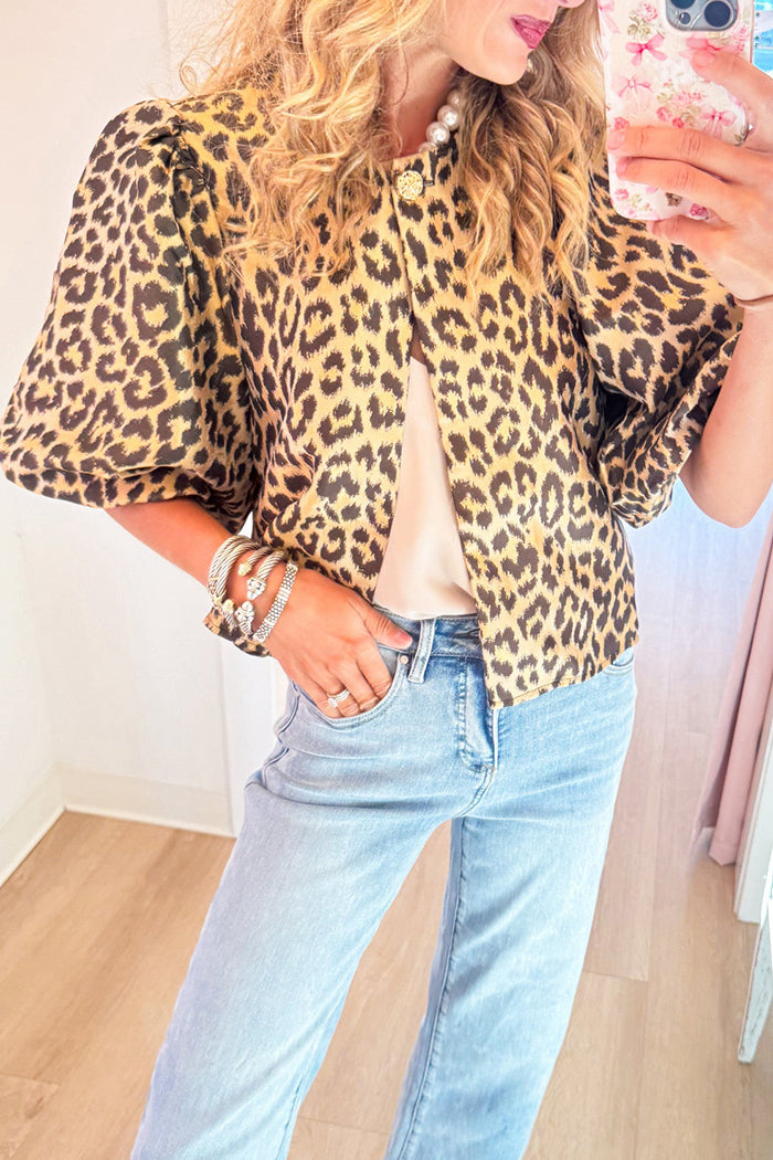 Leopard Balloon Sleeve Cropped Jacket