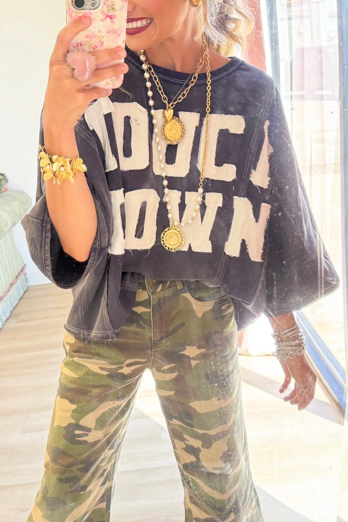 Navy Lettering Short Sleeve Sweatshirt