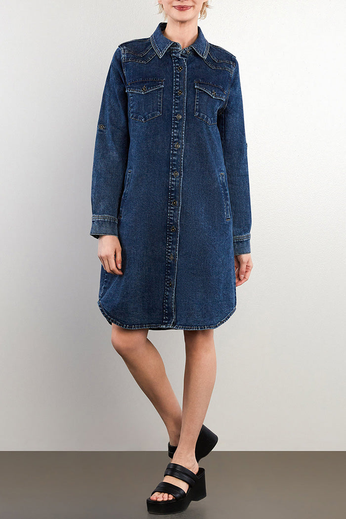 Button Front Pocketed Denim Shirtdress