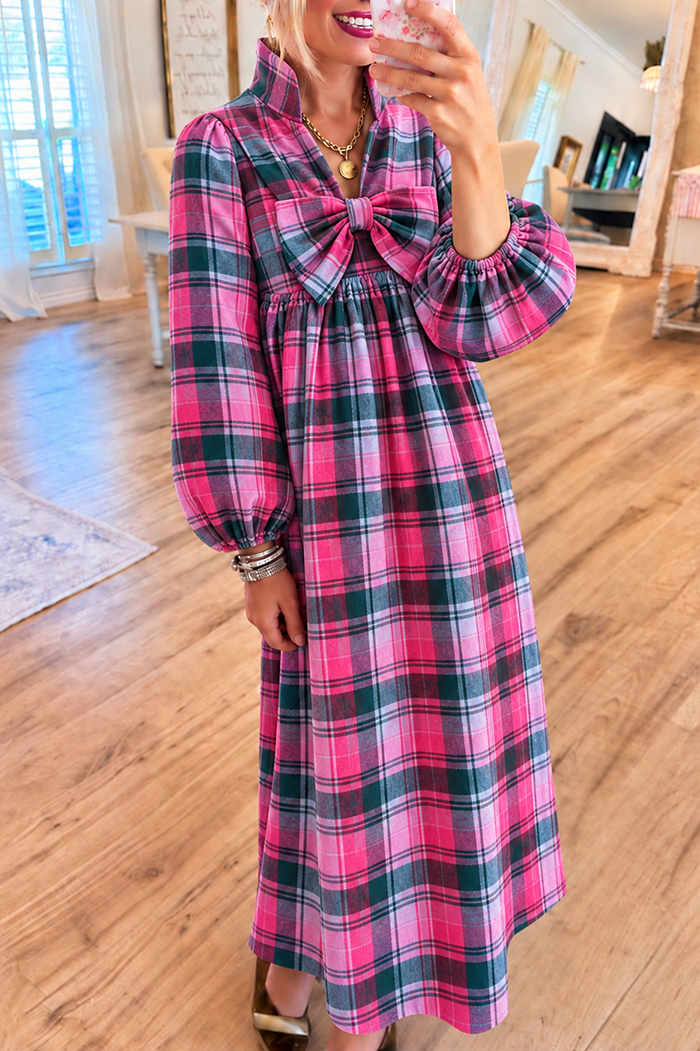 Pink and Green Plaid Bow Detail Pocket Maxi Dress