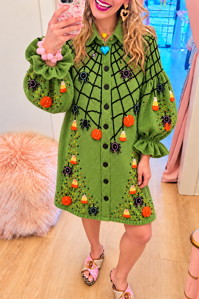 Green Halloween Spider Web Pumpkin Knit Dress