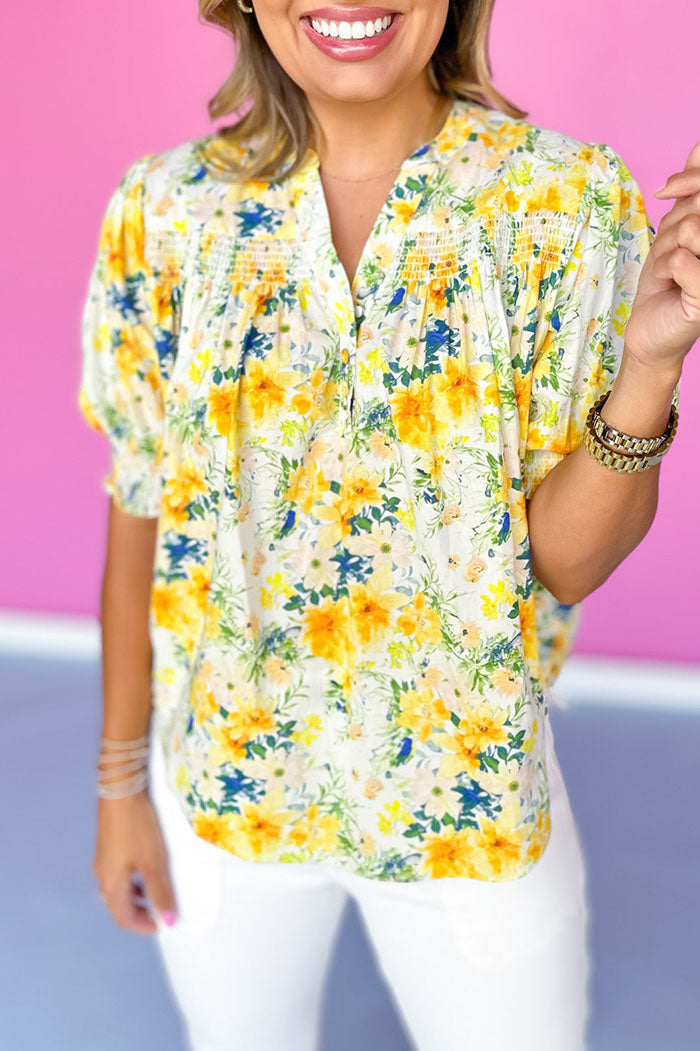 Floral Smocked Yoke Split Neck Top
