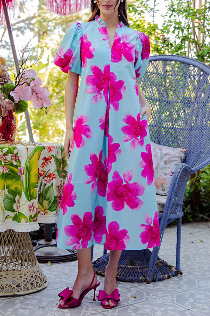 Ruffle Collar Puff Sleeve Waist Pleated Dress