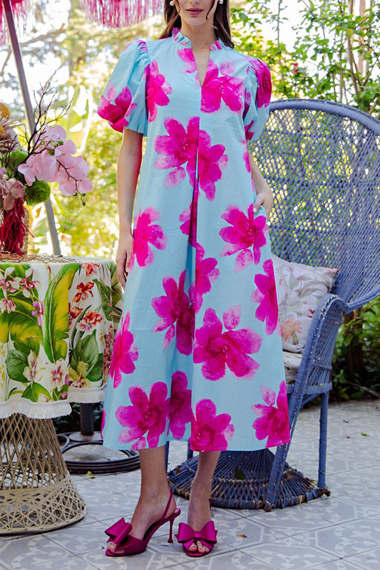 Ruffle Collar Puff Sleeve Waist Pleated Dress