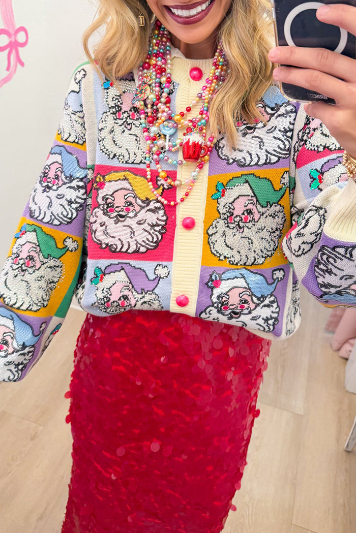Colorblock Santa Print Rhinestone Cardigan
