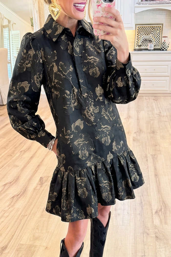 Metallic Floral Collared Pocket Ruffle Hem Dress