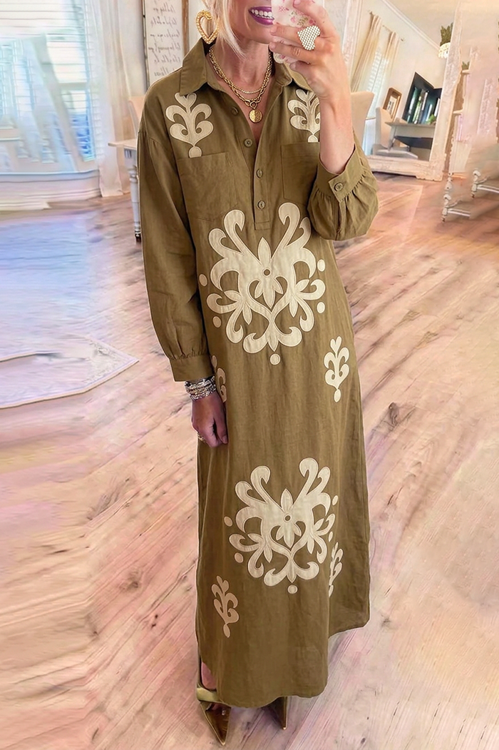 Geometric Floral Collar Long Sleeves Chest Pockets Maxi Dress