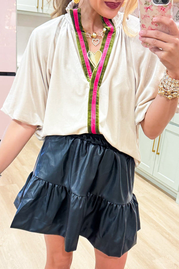 Cream Velvet Contrast Stripe Top