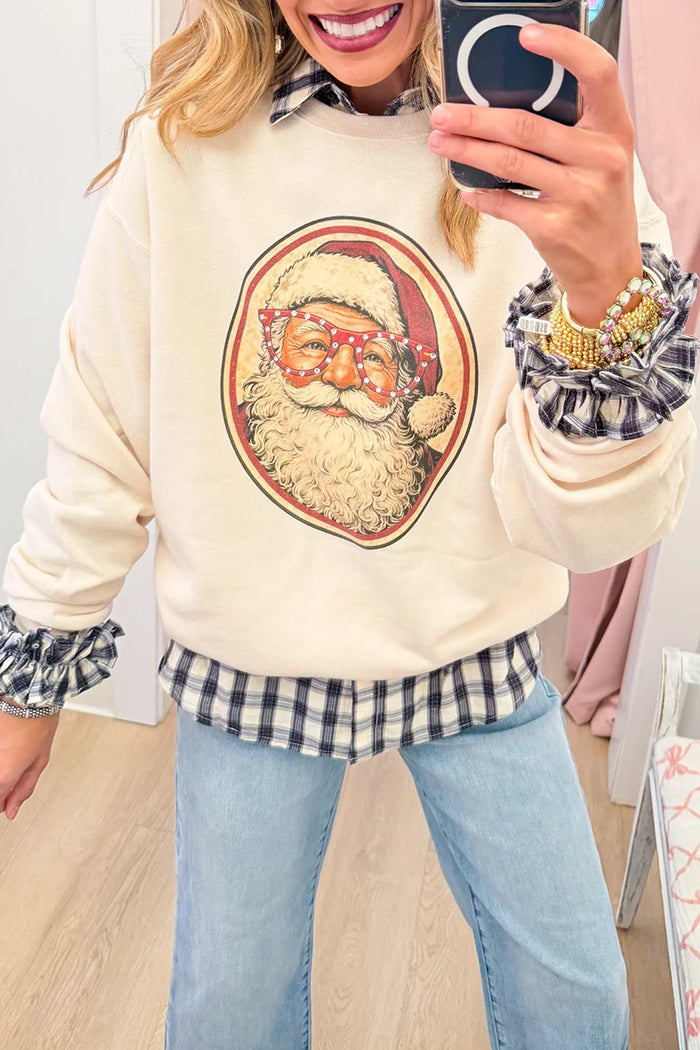 Santa Rhinestone Plaid Cuff Sweatshirt