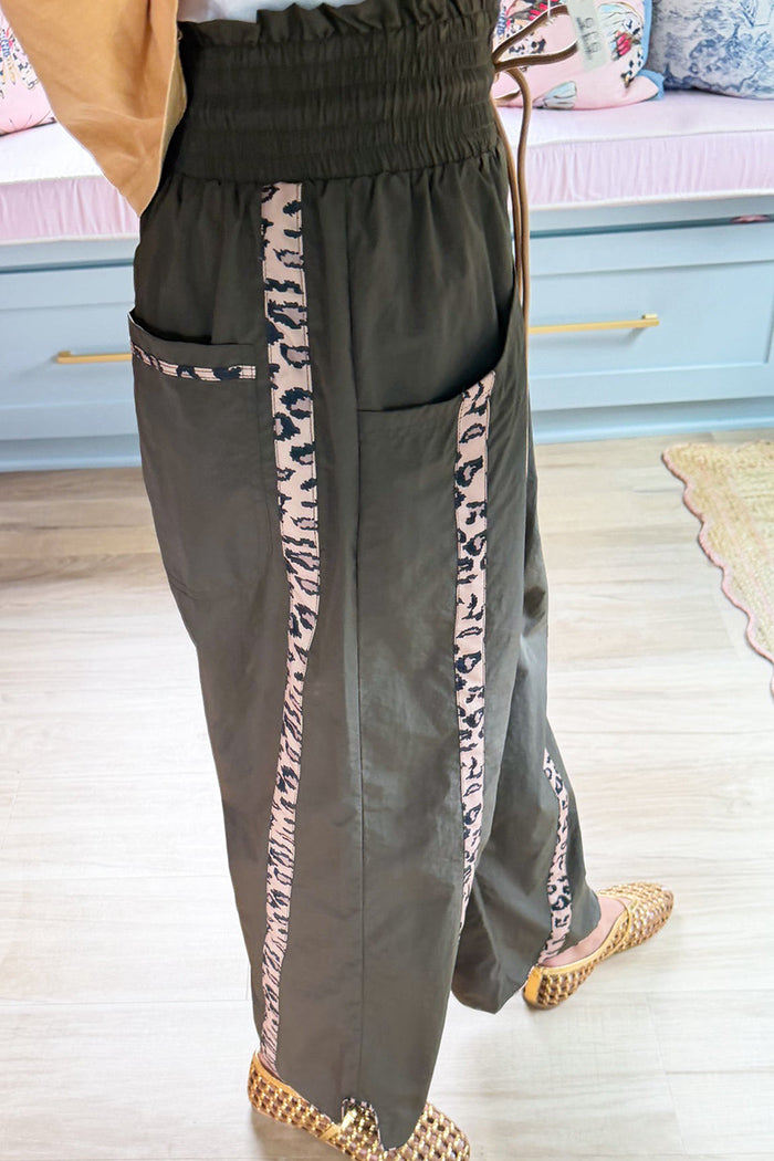 Khaki Cheetah Contrast Wide Leg Pants