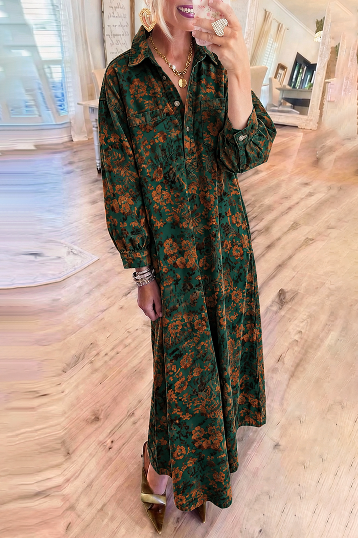 Floral Green Denim Pockets Maxi Dress