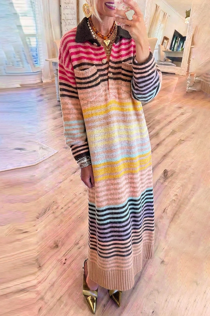 Colorful Stripe Contrast Half Button Chest Pockets Long Sleeve Knit Maxi Dress