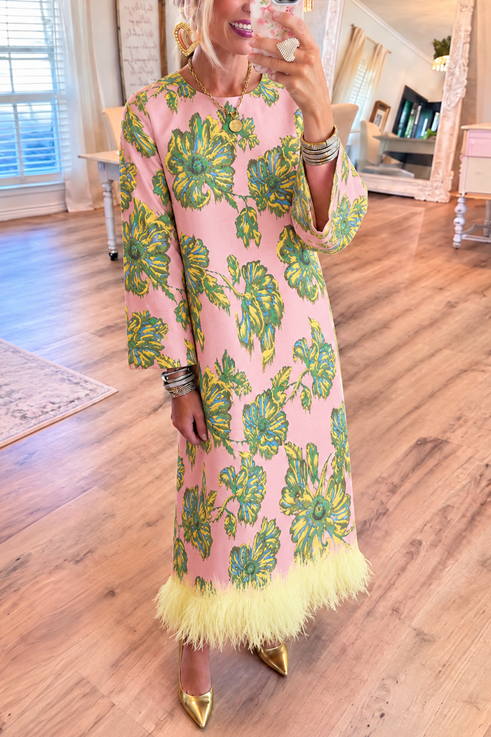 Floral Long Sleeves Feather Hem Pocket Maxi Dress
