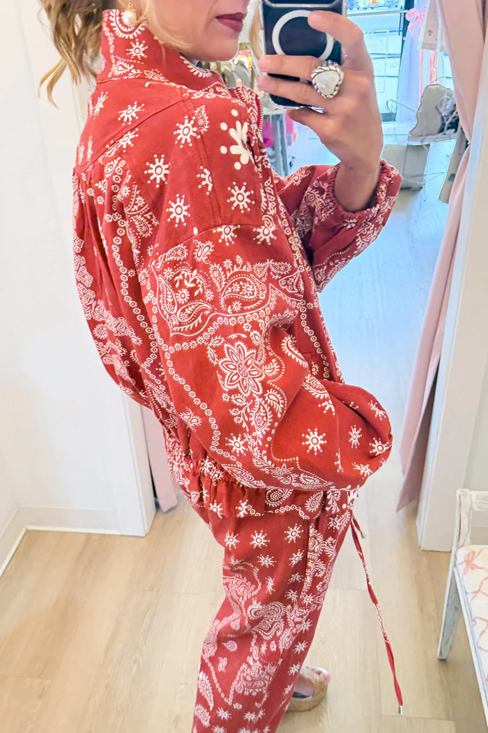 Red Paisley Print Bomber Jacket