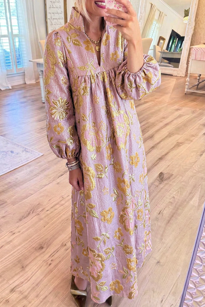 Metallic Floral Jacquard Stand Collar Bubble Sleeve Maxi Dress