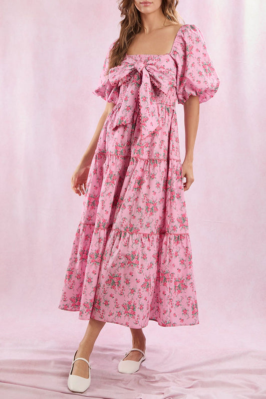 Floral Print Bow Puff Sleeve Dress