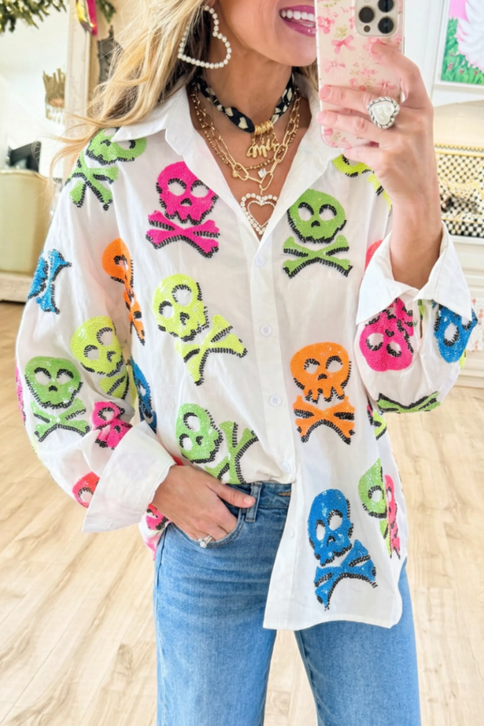White Multi Skull Collared Long Sleeve Shirt Top