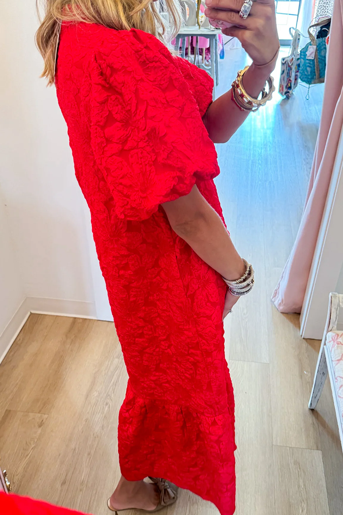 Red Puff Sleeve Jacquard Pocket Dress