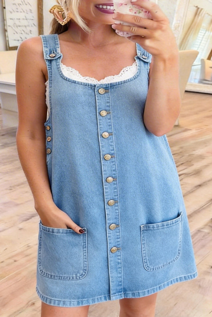 Sleeveless Button Front Pocket Denim Dress