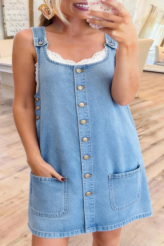 Sleeveless Button Front Pocket Denim Dress