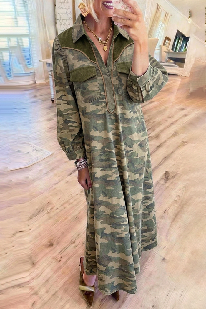 Camo Print Patch Shirt Collar Pocket Maxi Dress