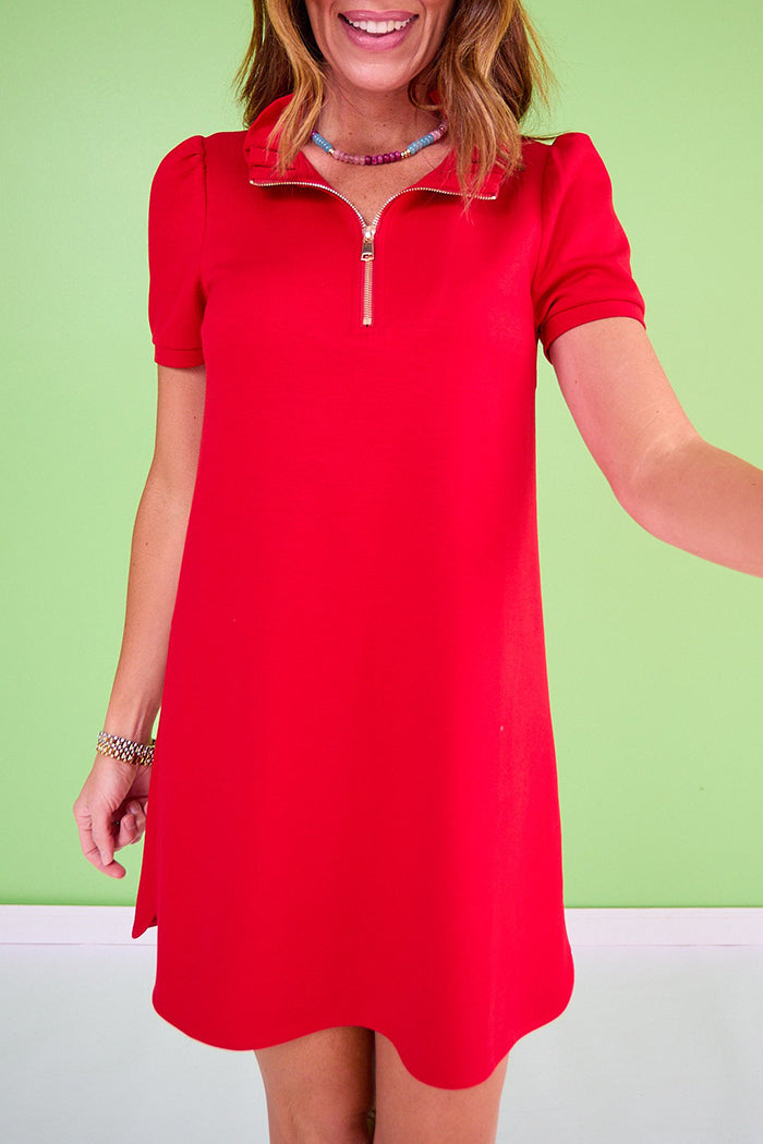 Short Sleeve Ruffle Collar Zip Air Dress