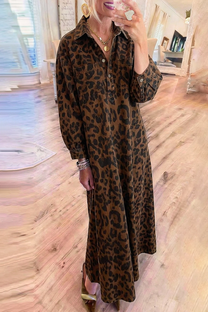 Brown Denim Collared Long Sleeve Leopard Print Maxi Dress