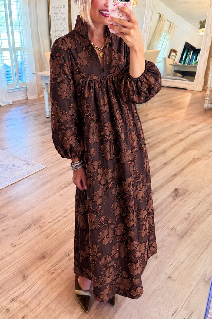Balloon Long Sleeves Jacquard Pocket Maxi Dress